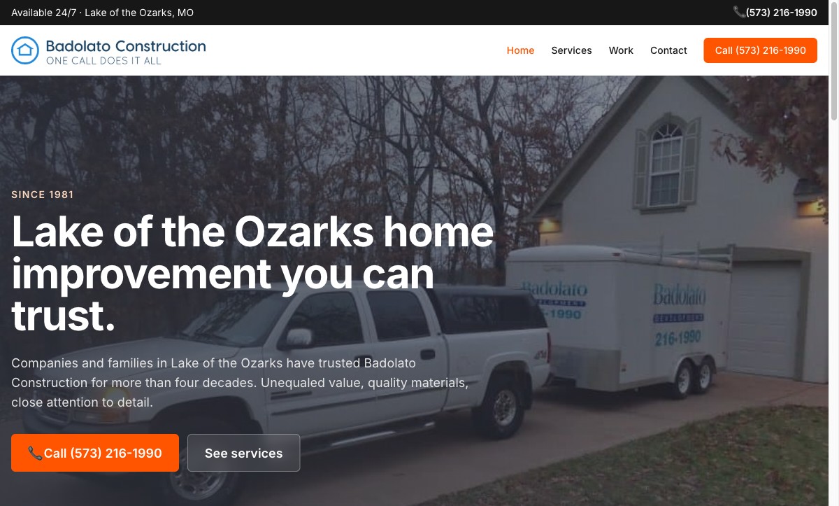 Badolato Construction — Family-run builder. Tailwind static site, portfolio-by-project-type, mobile-first performance budget.