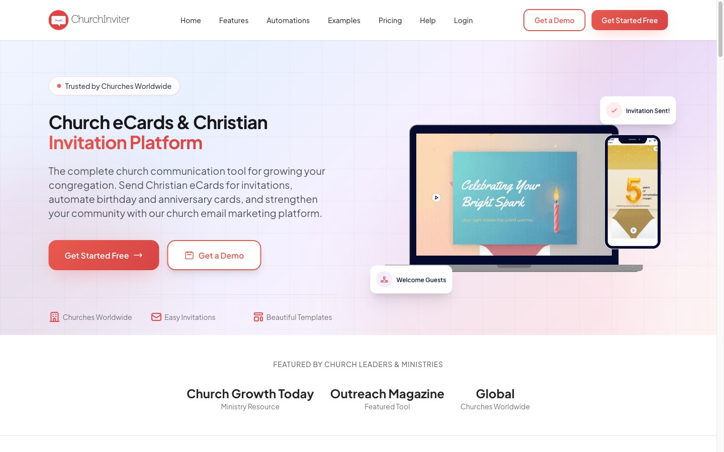 ChurchInviter — SaaS product marketing site for a church-outreach tool. Multi-page content pattern served via custom raw-HTML plugin.