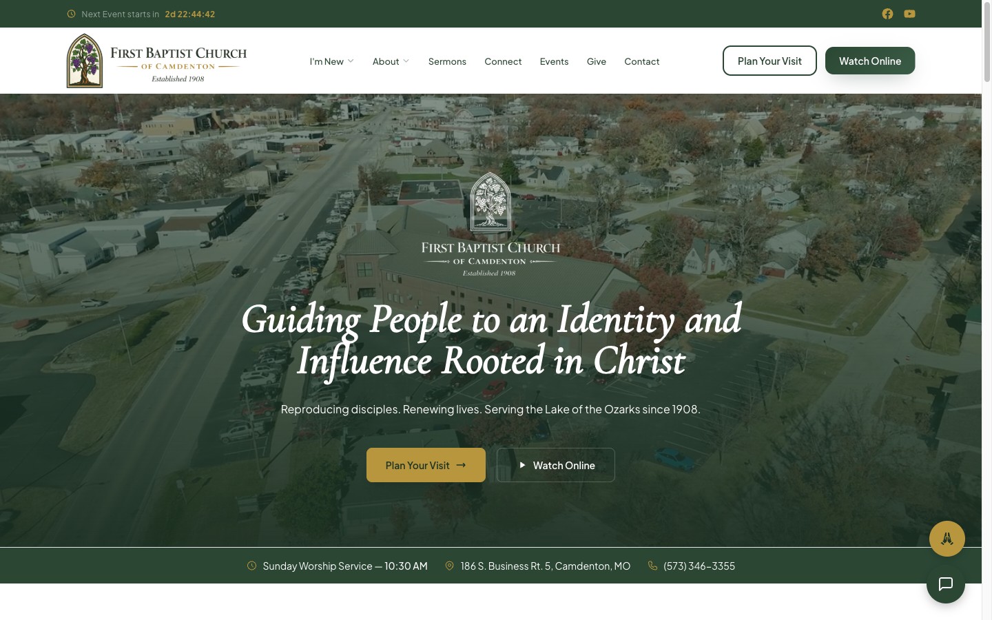 First Baptist Camdenton — Church website with live Planning Center integration, YouTube livestream auto-detection, raw-HTML editor for staff.